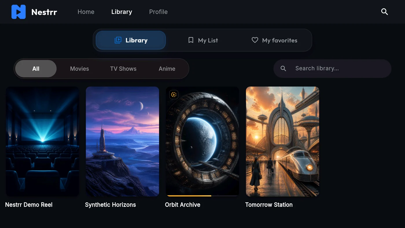 Nestrr Android TV library showing demo titles in a layout made for television