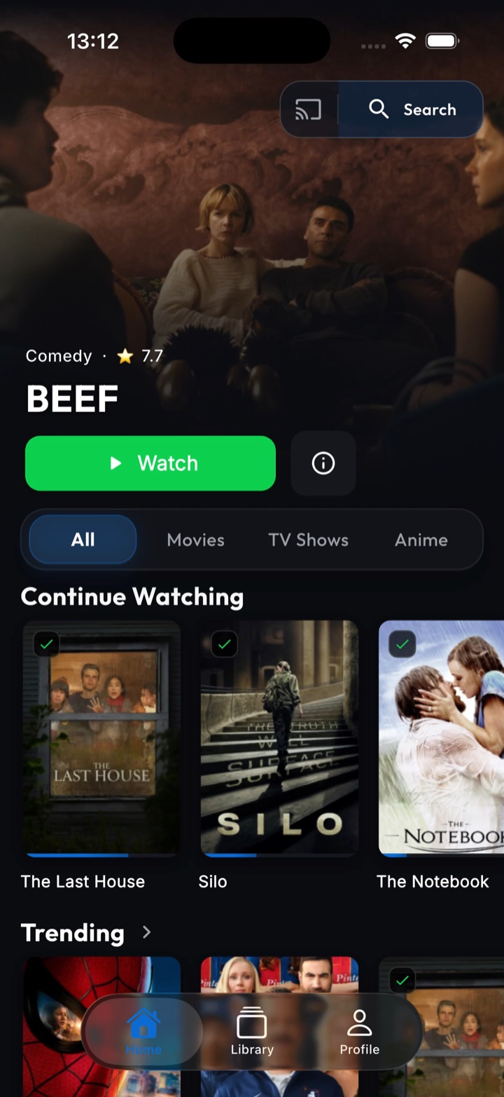 Nestrr Home: browse your library, continue watching and play a title from your connected server